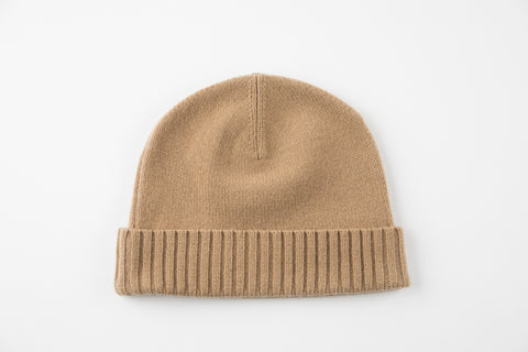 Camel Flat Weave Cashmere Hat with Ribbed Cuff - Vice Versa Hats