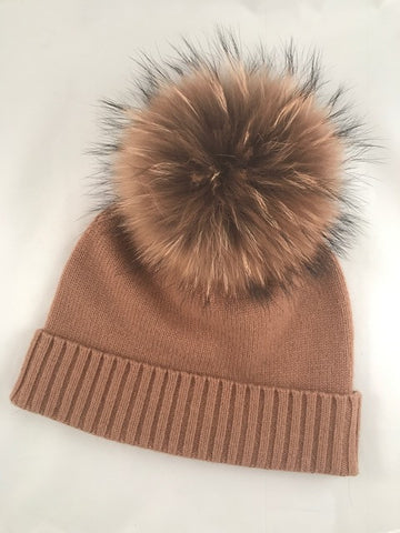 VV Cashmere Hat with Camel Raccoon Poof - Vice Versa Hats